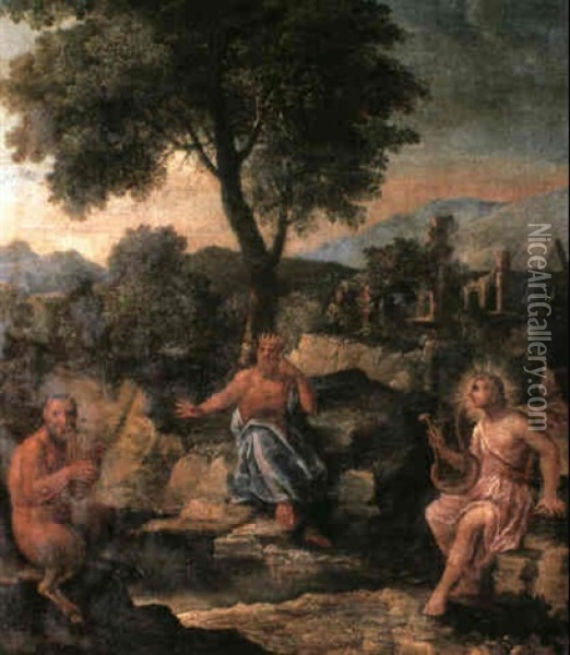 Midas, Orpheus And Selinus Seated Beside A River Oil Painting - Paolo Fiammingo
