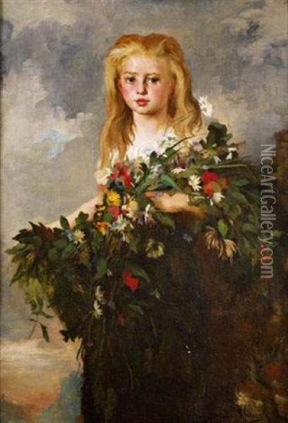 Portrait De Fillette A La Gerbe De Fleurs Oil Painting - Eugene Romain Thirion