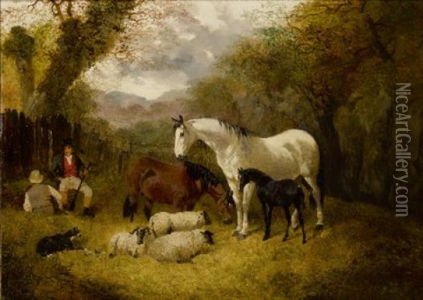Horses And Sheep In A Stable Yard Oil Painting - John Frederick Herring the Younger