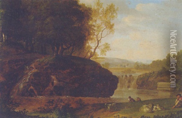 A River Landscape With A Shepherd Resting On A Bank Oil Painting - Jacob Philipp Hackert