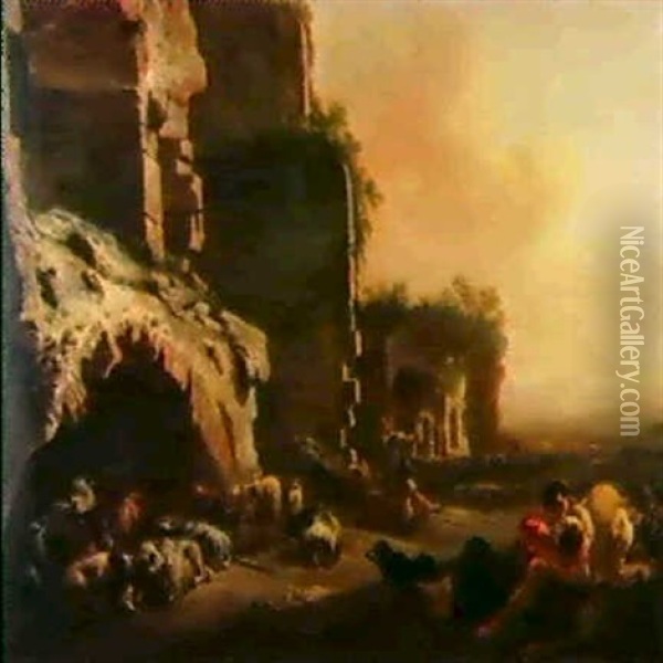 Hirten Mit Ihrer Herde Vor Romischen Ruinen Im Abendlicht Oil Painting - Abraham Jansz. Begeyn
