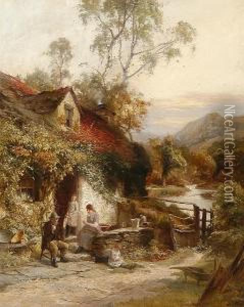 Figures By A Cottage In A Welsh Landscape Oil Painting - Henry Golden Dearth