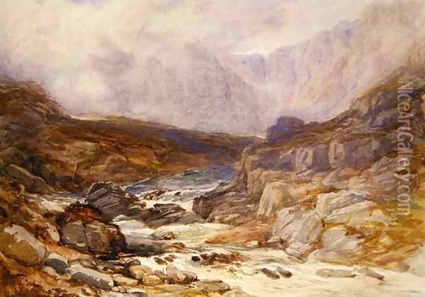 Welsh Mountain Scene with Torrential River Oil Painting - David Y. Cox