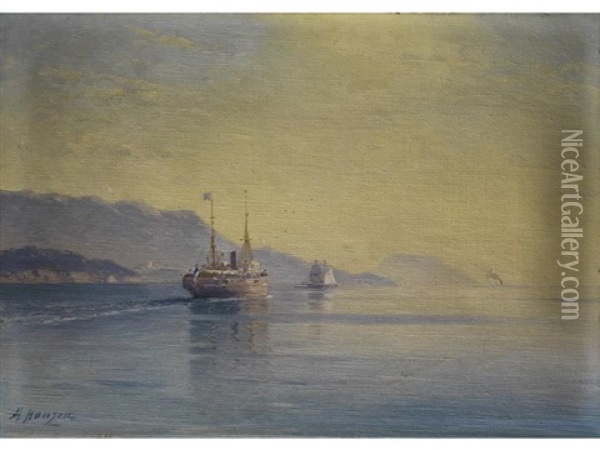 Dampfer Und Segelschiff Vor Einer Kuste Oil Painting - Alexei Vasilievitch Hanzen