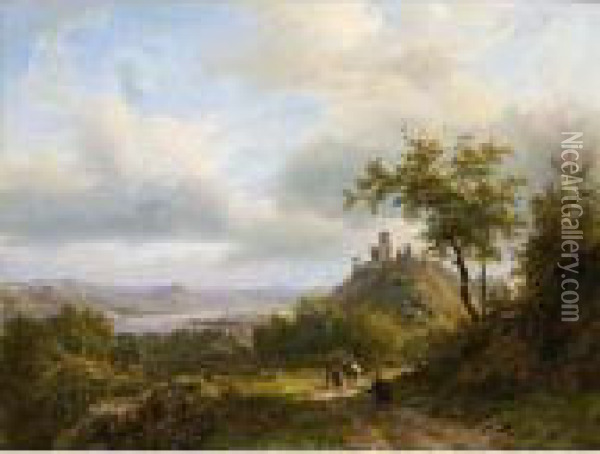 A Panoramic River Landscape Oil Painting - Johann Bernard Klombeck