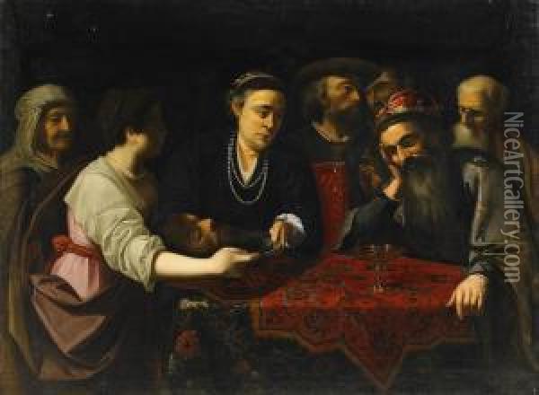 Salome Med Johannes Doparens Huvud Infor Herodes Oil Painting - Lionello Spada