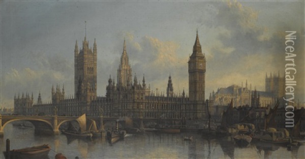 The Palace Of Westminster From The Thames Oil Painting - John Macvicar Anderson