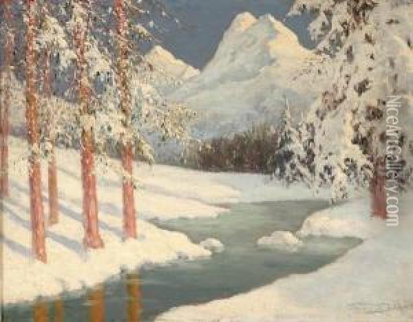Winter Alpine Stream Oil Painting - Georges Dantu