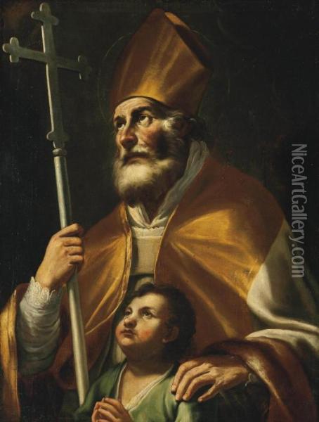 Saint Blaise And A Boy Praying Oil Painting - Mattia Preti