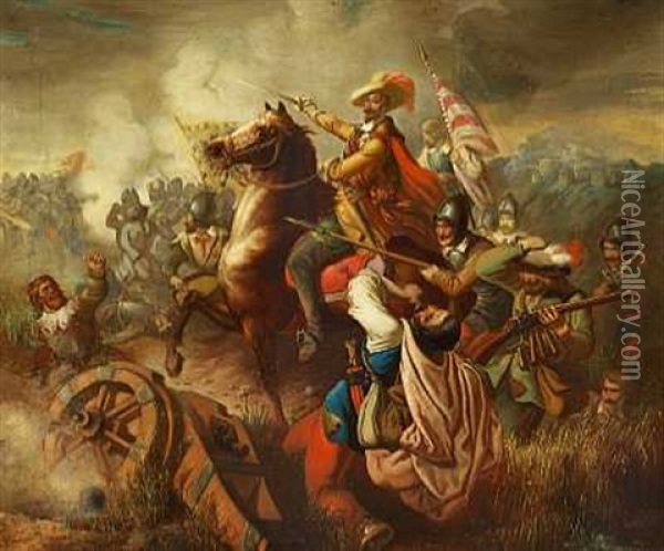Slagscene Med Herremand Til Hest Oil Painting - Josef Grandauer