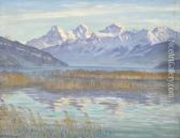 Uferpartie Am Thunersee Mit Berner Alpen Oil Painting - Waldemar Fink