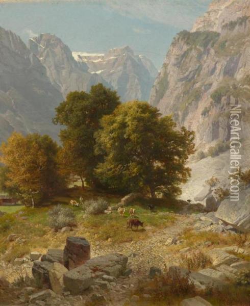 Mountain Landscape With Cows Oil Painting - Johann Gottfried Steffan