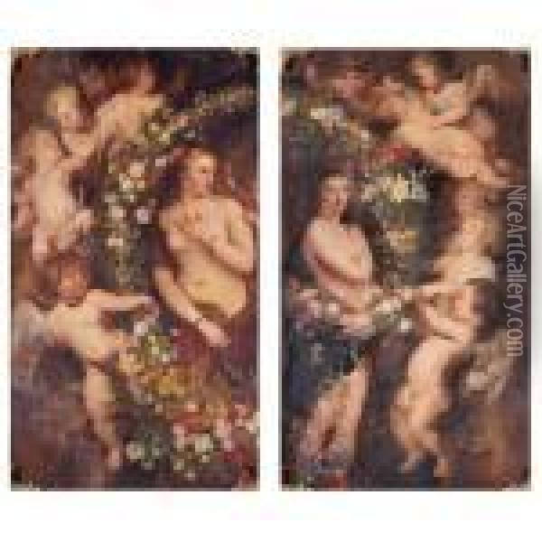 Venus Surrounded By A Garland Of
 Flowers And Putti And Helena Fourment Surrounded By A Garland Of 
Flowers And Putti: A Pair Of Paintings Oil Painting - Peter Paul Rubens