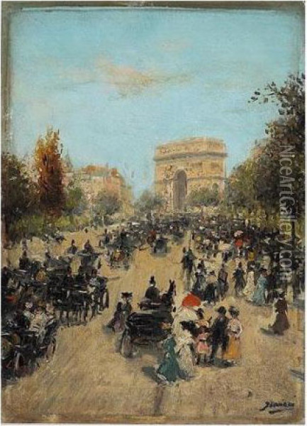 Promeneurs Sur L'avenue Du Bois A Paris Oil Painting - Gaspar Miro Y Lleo