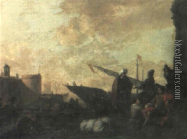 Mediterranean Harbor Scene With Sailors Oil Painting - Johannes Lingelbach