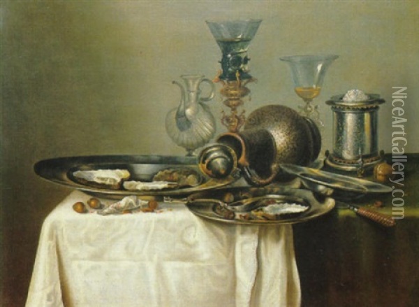 A Pewter Salver With Oysters, A Roemer, Jug And A Salt      Cellar On A Draped Table With Hazelnuts And A Knife Oil Painting - Cornelis Mahu
