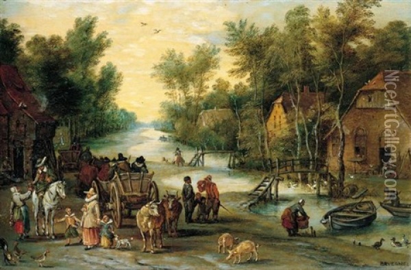 A Wooded River Landscape With Elegant Figures Buying Provender Oil Painting - Jan Brueghel the Elder