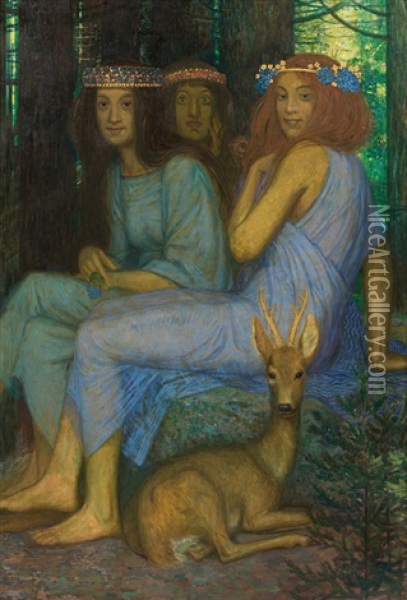Three Nymphs With A Roebuck Oil Painting - Friedrich Koenig