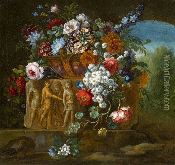 Flower Still Life With A Fragment Of A Roman Relief Oil Painting - Pieter Casteels III