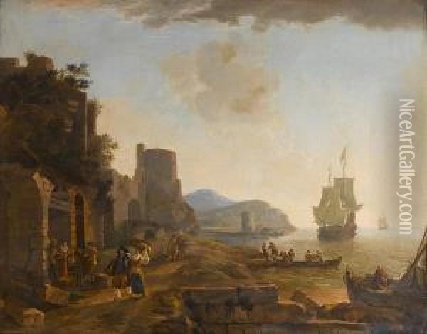 A Coastal Mediterranean Landscape Atdusk Oil Painting - Lieve Verschuier