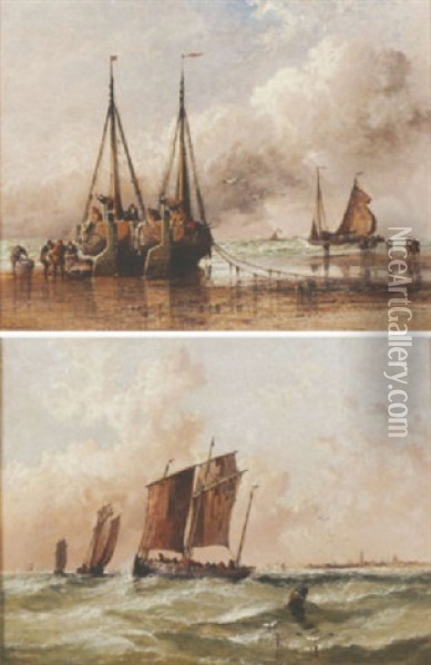 Unloading A Catch On The Dutch Coast Oil Painting - Arthur Joseph Meadows