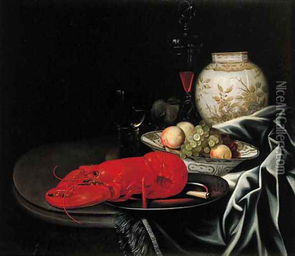 A lobster and a knife on a pewter plate Oil Painting - Jurriaen Van Streeck