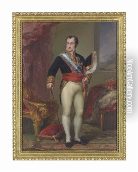 Portrait Of King Ferdinand Vii Of Spain (1784-1833), Small Full-length, In The Uniform Of Capitan General, Wearing The Order Of The Golden Fleece And Other Orders, Before A Draped Table With The Spanish Regalia Oil Painting - Vicente Lopez y Portana