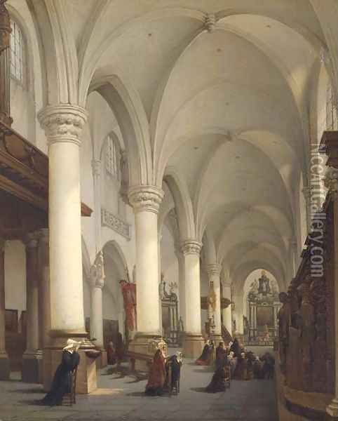 Interieur de l'Eglise Saint Paul d'Anvers a church interior with figures in prayer Oil Painting - Bernard Neyt