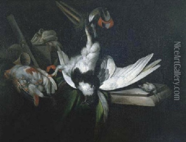 A Hunting Still Life With A Pheasant Hanging From A Rope With A Pigeon, A Hunting Horn And Another Bird, On A Marble Ledge Oil Painting - William Gowe Ferguson