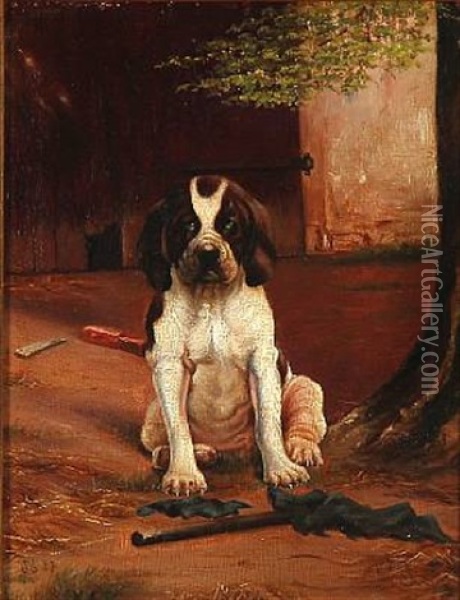 A Puppy At A Tree Oil Painting - Simon Simonsen