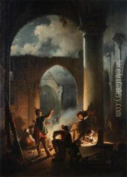 Infantry Near The Campfire Under The Ruins Of A Cathedral Oil Painting - Jan Michael Ruyten