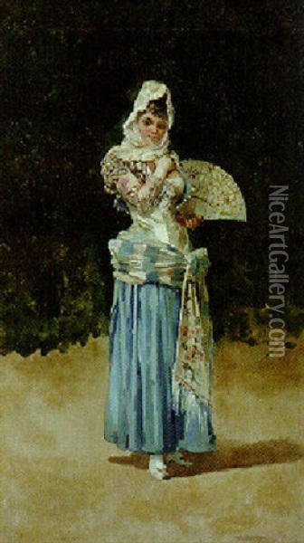 Woman In Spanish Dress Oil Painting - Eugenio Lucas Villamil