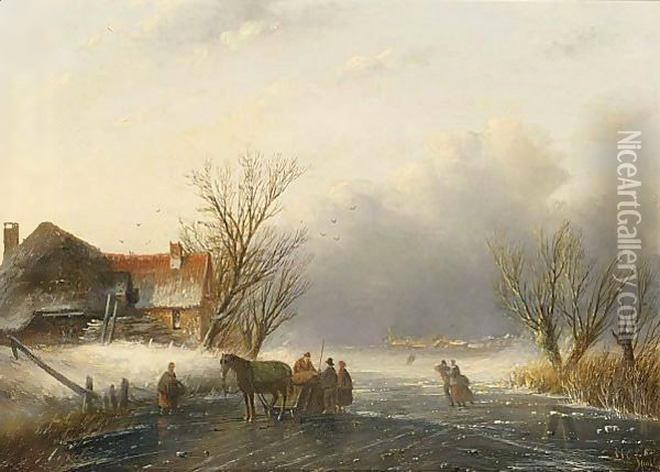 A Winter Landscape With A Horse-Sledge On The Ice Oil Painting - Jan Jacob Coenraad Spohler