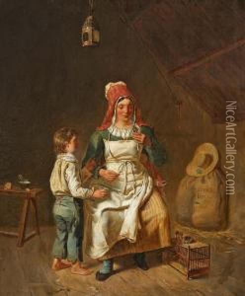 Mutter Und Sohn, Ein Vogelkuken Futternd Oil Painting - Anne Genevieve Greuze