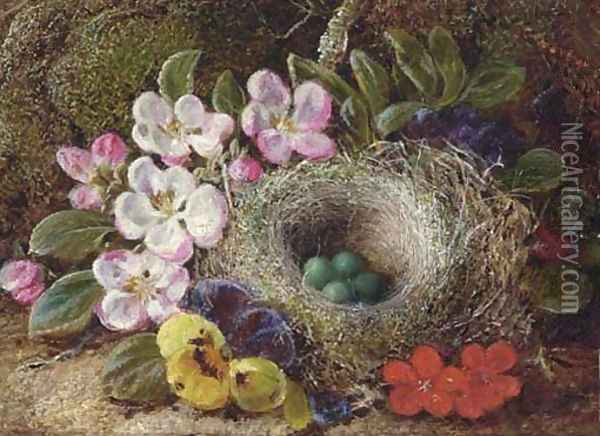 Apple blossom, pansies and a bird's nest with eggs on a mossy bank Oil Painting - Vincent Clare