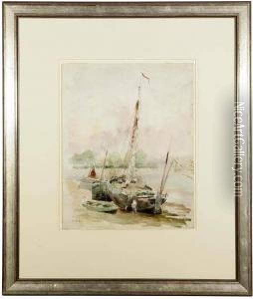European Beached Sailboat Oil Painting - Colin Campbell Cooper