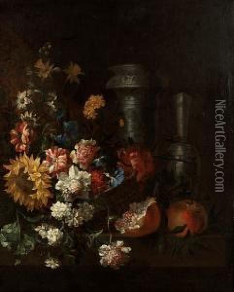 A Basket Of Carnations, Morning 
Glory, Peonies And A Sun Flower With Two Oriental Blue And White Vases 
And Pomegranates On A Wooden Table Oil Painting - Jean Baptiste Belin de Fontenay