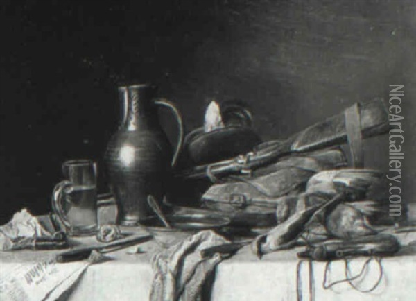Still Life With Songbirds, Hunting Objects And Bowl On Draped Table Oil Painting - Josef Mansfeld