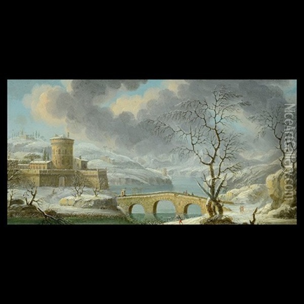 Winter River Landscape With Fortress Oil Painting - Daniel van Heil