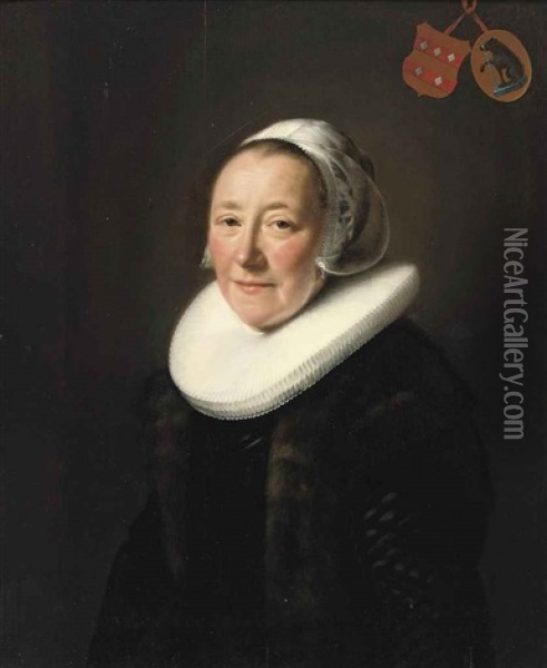 Portrait Of An Elegant Lady (erminia Van Beresteyn?), In A Black Dress With Fur Jacket, A Molensteen Kraag And White Headdress Oil Painting - Abraham de Vries