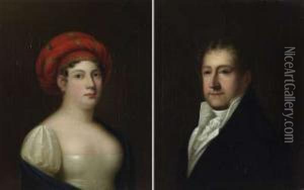 Portrait Einer Dame Mit Rotem Turban Und Blauer Stola Und Herr In Blauem Jakett Oil Painting - Carl Von Sales