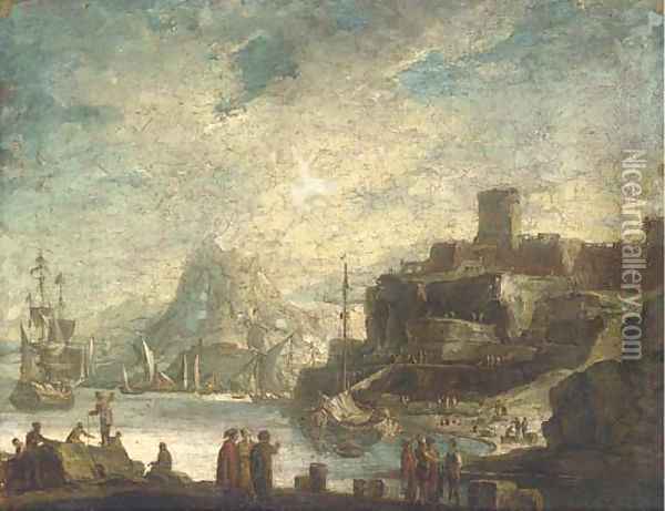 A Mediterranean costal inlet with shipping and stevedores on the shore Oil Painting - Alessandro Magnasco