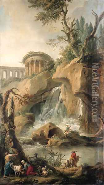 A view of the Falls of Tivoli with a peasant milking a goat, a traveller on a mule with a dog and fishermen on a rock Oil Painting - Jean-Baptiste-Marie Pierre