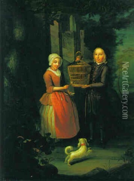Couple With Bird Cage Oil Painting - Nicolaes Rynenburg