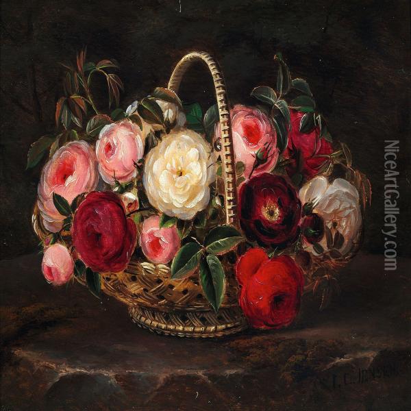 Various Roses In A Basket Oil Painting - Johan Laurentz Jensen