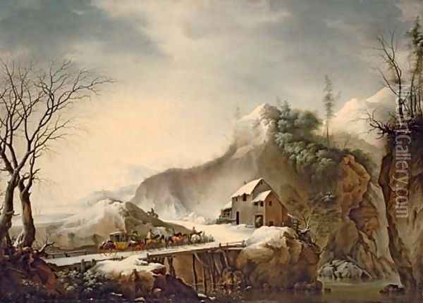 A mountainous winter landscape with travellers on horseback crossing a bridge Oil Painting - Francesco Foschi