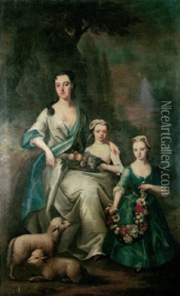 Portrait Of Mrs. Mytton Of Halston Nee Letitia Owen, Seated In A Landscape With Her Two Young Daughters, Letitia And Anna Oil Painting - Richard (Risaert van) Bleeck