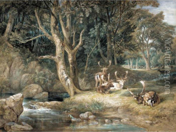 Deer Park With A Kingfisher Oil Painting - William Andrews Nesfield
