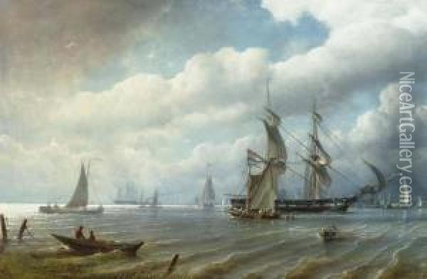 Bote Auf Dem Fluss. 1864. Oil Painting - Petrus Paulus Schiedges