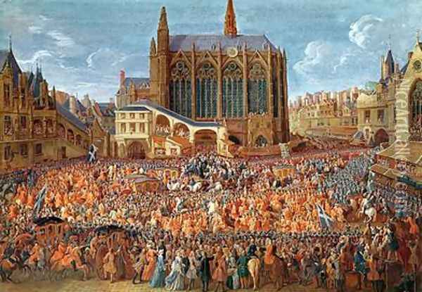 The Departure of Louis XV 1710-74 from Sainte-Chapelle after the lit de justice which ended the reign of Louis XIV 1638-1715 12th September 1715 1735 2 Oil Painting - Pierre-Denis Martin